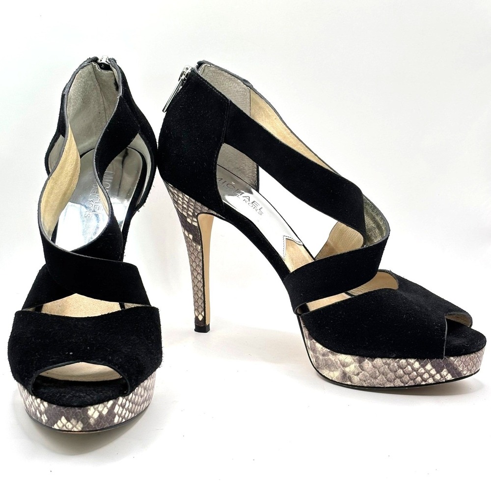 Michael Kors Black Suede Snakeskin Platform Peep Toe Heels Sandals Strappy 10M